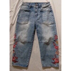 Flamingals Floral Embroidered Stretch Barrel Leg Jeans Boho Festival Size XL